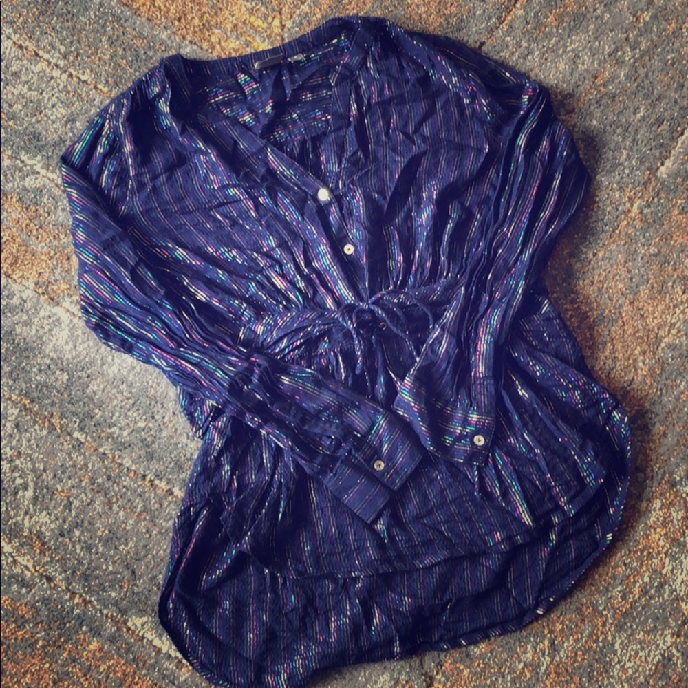 Blue tunic top with metallic stripes